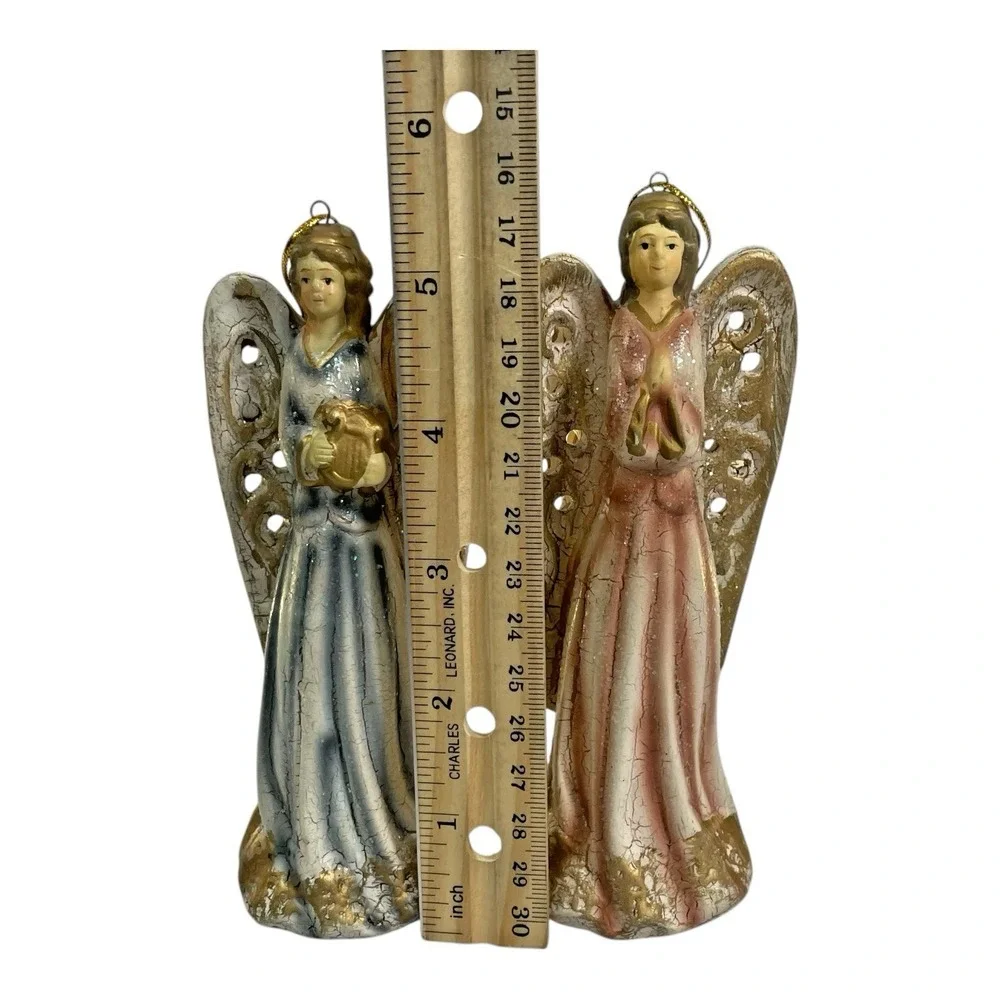 VTG Style Resin Angel Ornaments Set of 2 Crackle Glaze Gold Wings Harp Decor